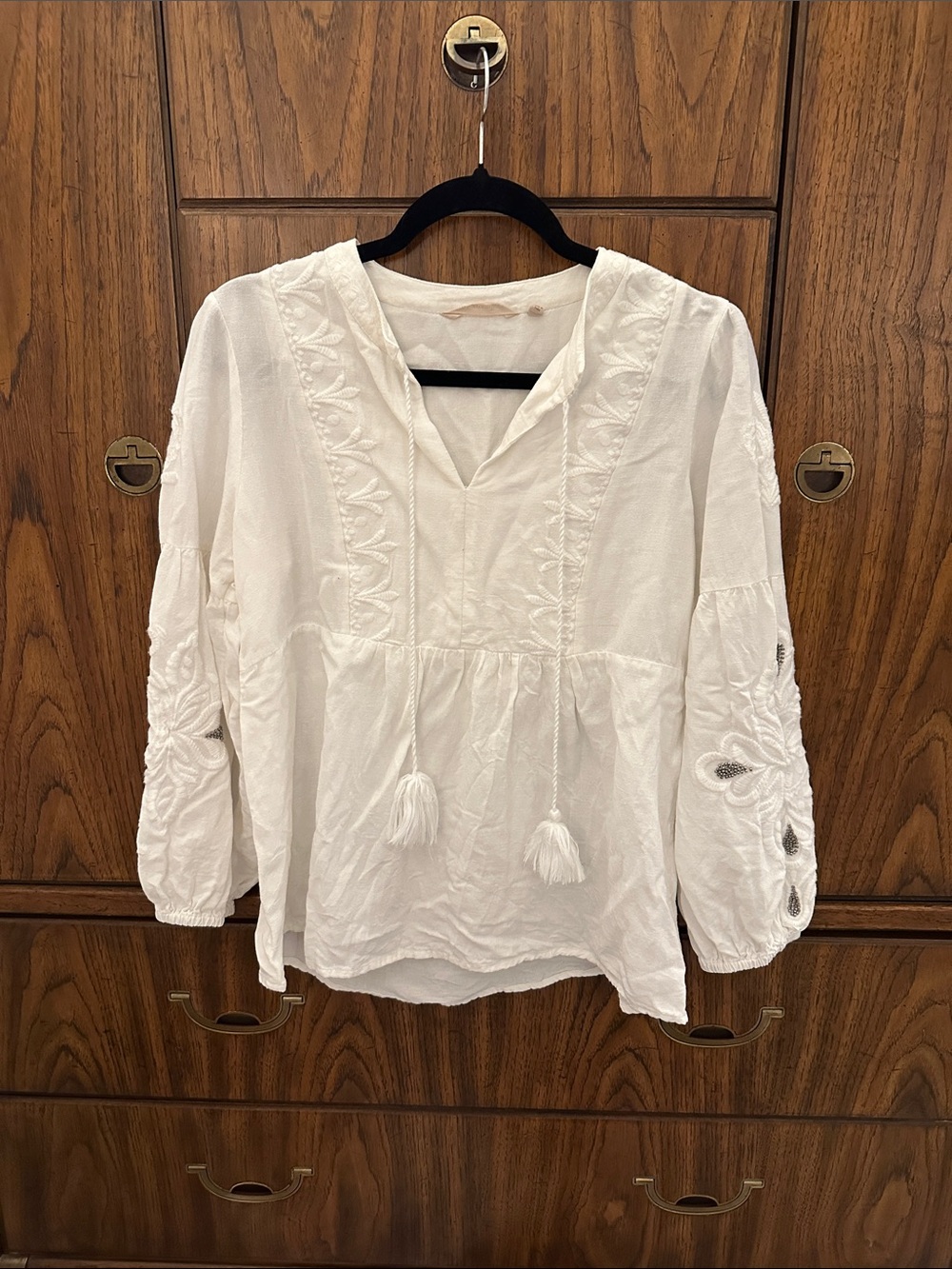 Soft Surroundings White Embroidered Peasant Blouse with Tassels S